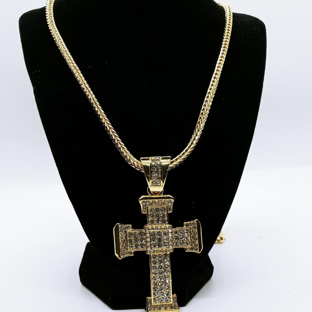 18kt gold filled Franco chain with iced cross pendant